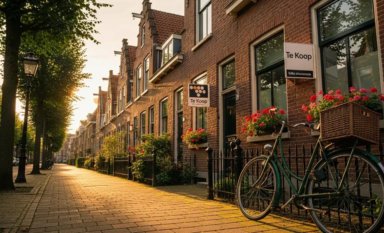 Nederlandse straat met fiets en Te Koop-bord bij een bakstenen woning
