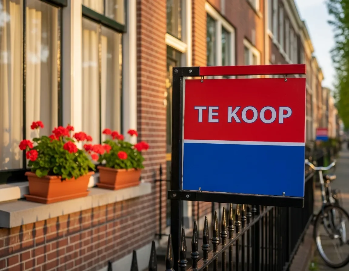 Nederlands rijtjeshuis met Te Koop-bord achter het raam