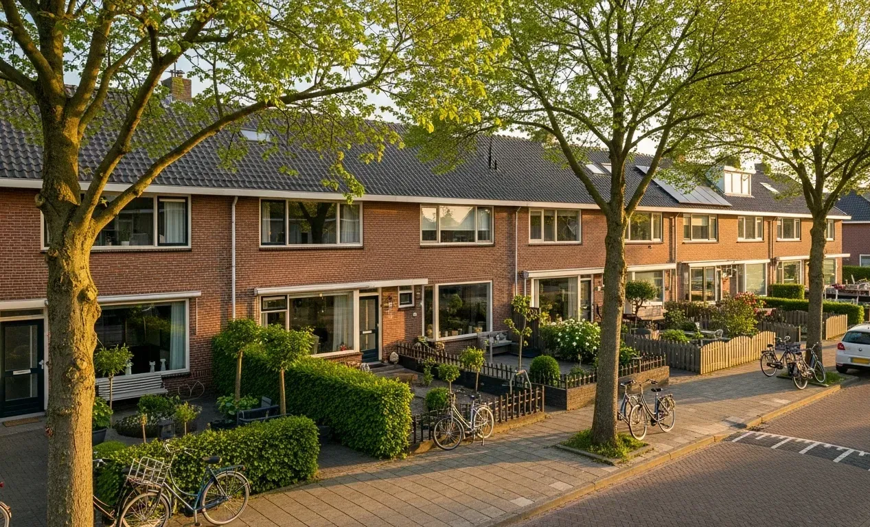 Luchtfoto van een rustige Nederlandse woonwijk met bakstenen huizen en groene tuinen