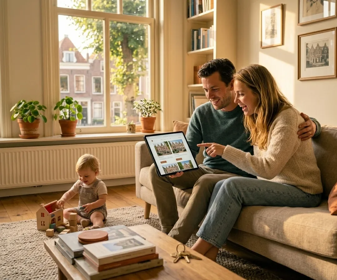 Gezin bekijkt samen woningaanbod op tablet in hun woonkamer