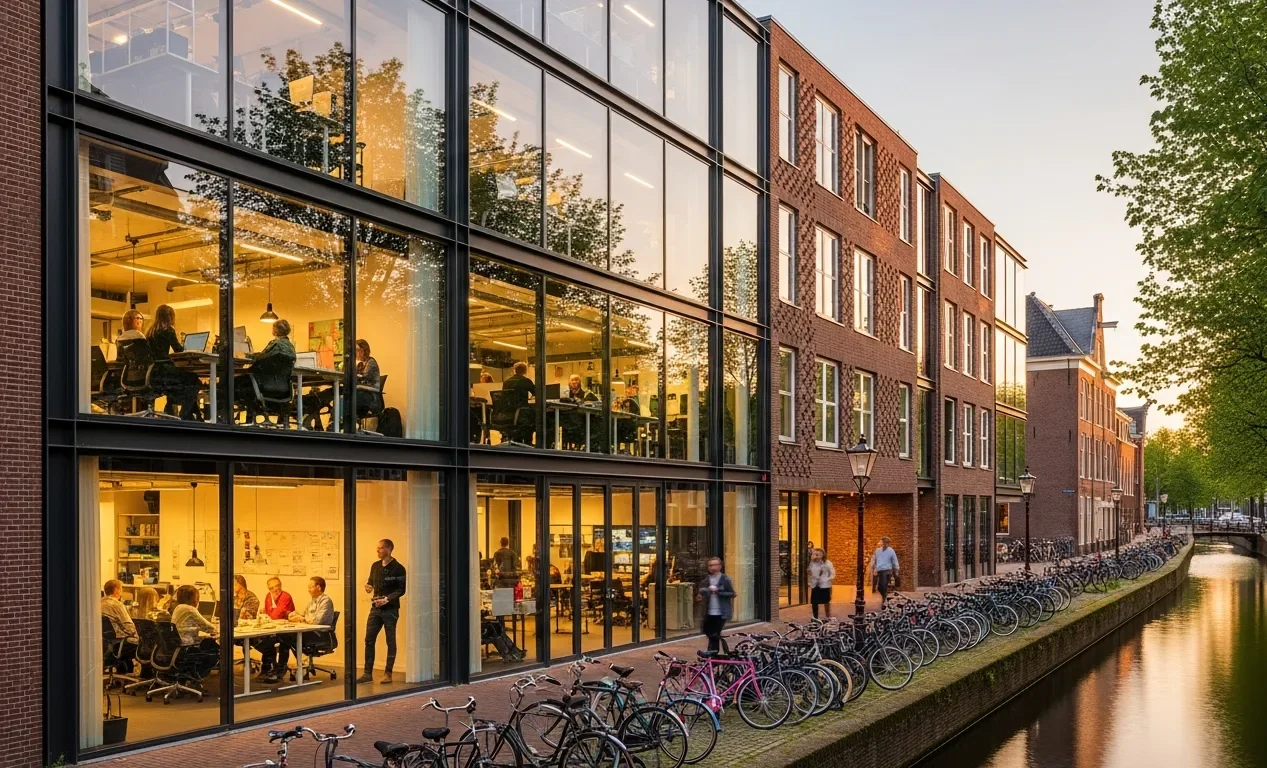 Modern Nederlands kantoorgebouw met grote ramen en fietsen ervoor