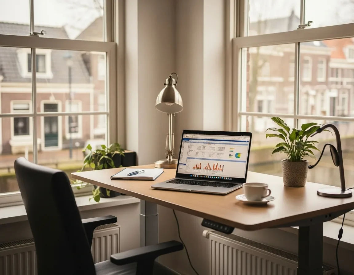 Moderne thuiswerkplek van een ondernemer met laptop en uitzicht op een Nederlandse straat