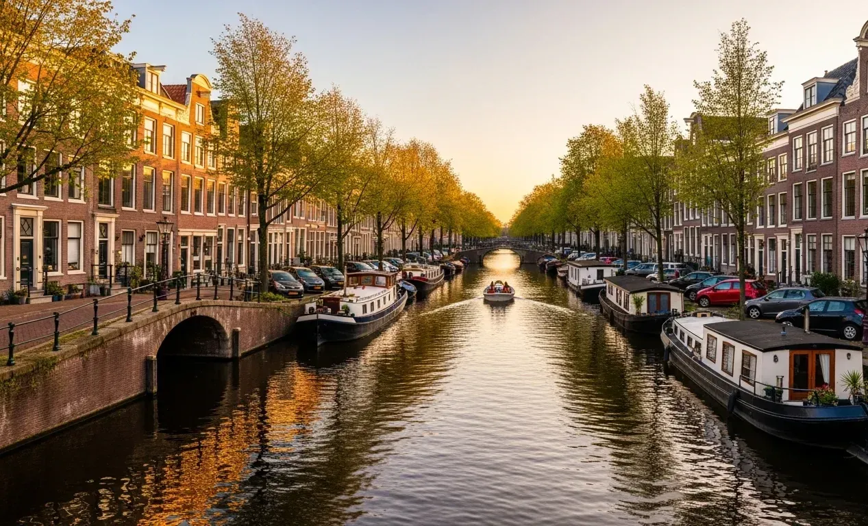 Luchtfoto van een Nederlandse grachtenstraat met bakstenen huizen