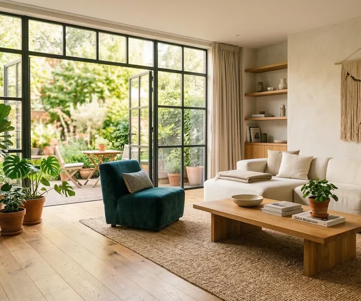 Ruime woonkamer met teal fauteuil en grote ramen, meer ruimte, meer mogelijkheden