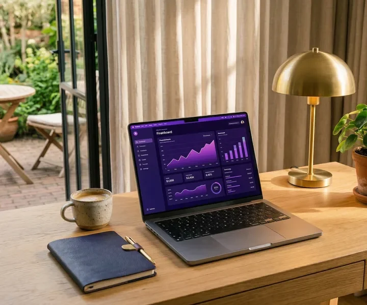 MacBook met dashboard naast een koperen bureaulamp, ondernemen vanuit huis