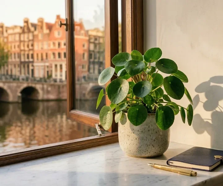 Pilea plant op vensterbank met Amsterdams grachtzicht, rust en vertrouwen