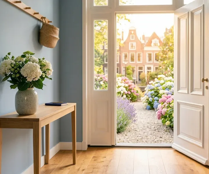Open voordeur met zonlicht en tuin, symbool voor een nieuw begin