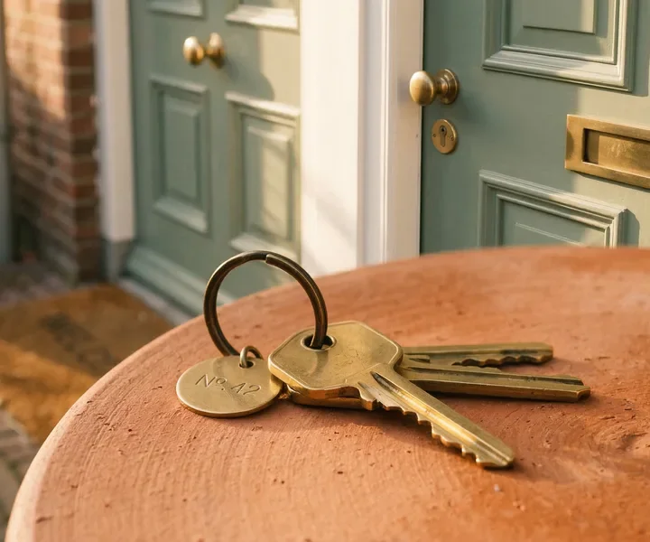 Gouden sleutels met huisnummer 42 voor een salie-groene voordeur