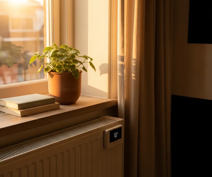 Plant op een vensterbank naast een slimme radiatorthermostaat, duurzaam wonen
