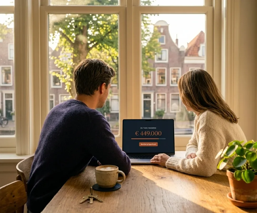 Stel bekijkt samen de hypotheekcalculator van Libra Finance