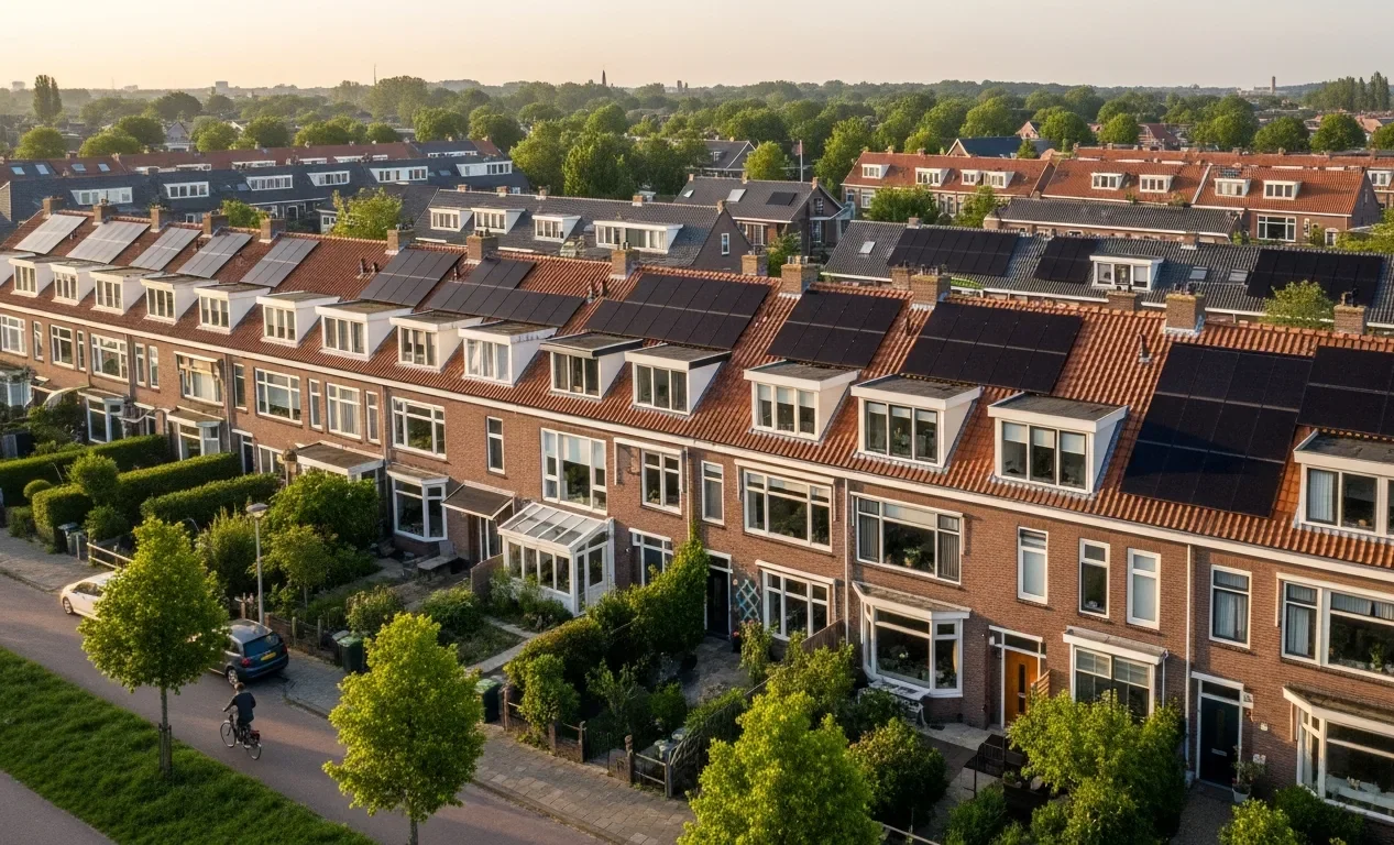 Luchtfoto van een Nederlandse wijk met zonnepanelen op de daken en groene tuinen