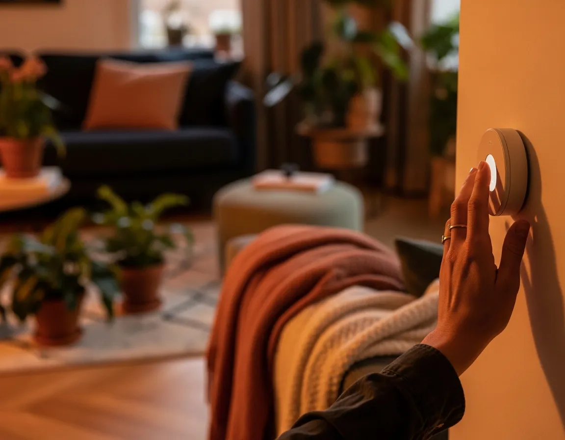 Hand die de slimme thermostaat instelt in een warm ingerichte Nederlandse woonkamer